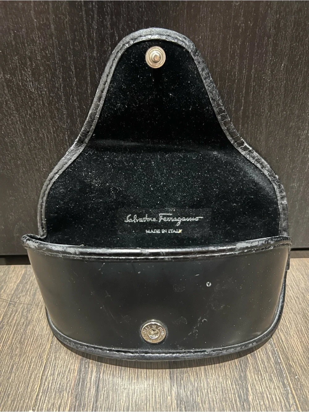 Authentic Salvatore Ferragamo Black Leather Snap Sunglasses Case